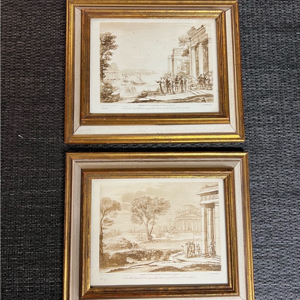 Vintage prints of etchings pair (2) In gilded frames